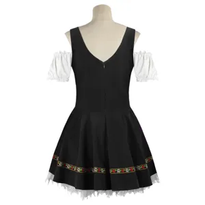 Vestido de disfraz de camarera de cerveza bávara con mangas abullonadas y borde floral.