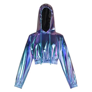 Close-up details of holographic metallic crop hoodie, shiny reflective fabric, adjustable drawstrings.