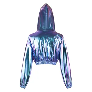 Shiny holographic cropped hoodie for women, metallic purple long sleeve top detail view.