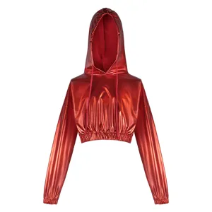 Details view of the red metallic cropped hooded sweatshirt, showing shiny fabric.