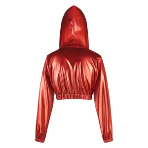 Metallic red cropped hoodie detail showing back view, shiny long sleeve hooded streetwear top.