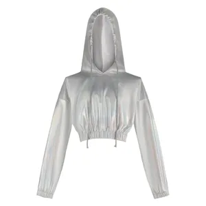 Holographic laser cropped hoodie for women, stylish long sleeve pullover top for party wear.