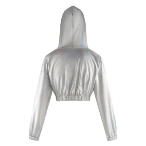 Holographic laser cropped hooded sweatshirt shiny long sleeve top for women back view