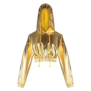 Metallic shiny holographic cropped hoodie long sleeve laser festival rave party top for women
