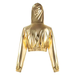 Shiny metallic gold cropped hoodie for women, long sleeve hooded streetwear party top.
