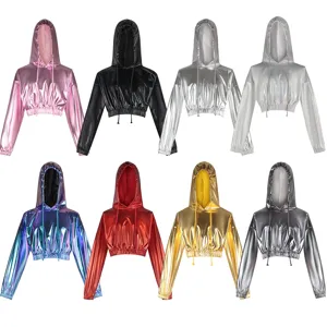 Women's Halloween Cosplay Cropped Hooded Sweatshirt Metallic Laser Long Sleeve Pullover Holographic Party Stage Top