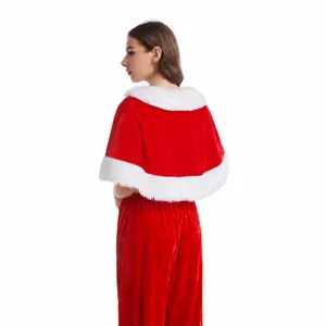 Detail view of women's red velvet Christmas cloak costume with plush white trim, festive wear.