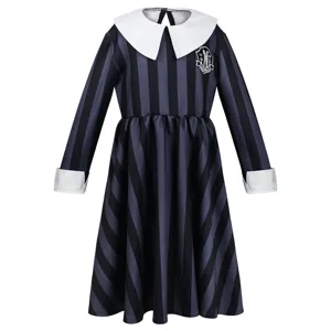Children long sleeve stripe dress with white lapel collar and school badge for cosplay.