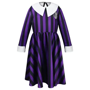 Kids Wednesday Addams purple stripe cosplay dress with white collar and cuffs for party.
