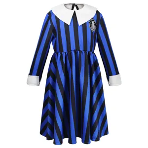 Kids Wednesday Addams school uniform dress blue black striped costume with white collar.