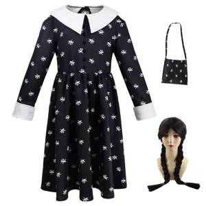 Kids Wednesday Addams cosplay costume black dress white collar wig shoulder bag set for girls