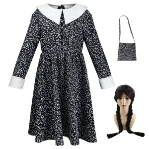 Kids Wednesday Addams Cosplay Costume Dress Black White Print with Bag and Wig Set