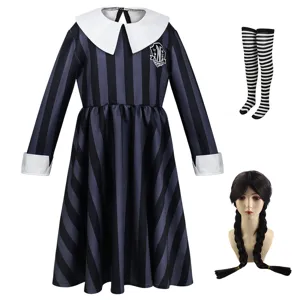Kids Wednesday Addams cosplay costume dress striped school uniform with wig and socks set