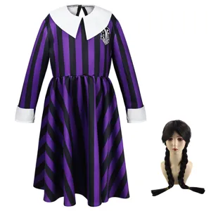 Kids Wednesday Addams Cosplay Costume Dress with Braided Wig Set for Girls Stage Party