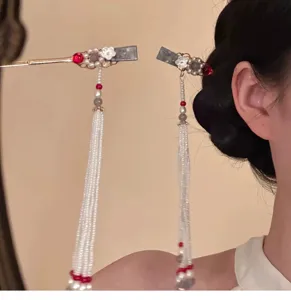 Detailed view of New Chinese style floral pearl long tassel hair stick, elegant hanfu accessory.