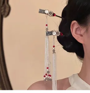 Chinese style vintage hair pin pearl long tassel hairpin hanfu hair accessory detail