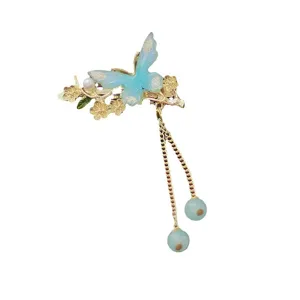 Chinese Vintage Tassel Hair Clip Alloy Artificial Pearl Rhinestone Folding Fan Duckbill Clip Hanfu Headwear Hair Accessories For Women