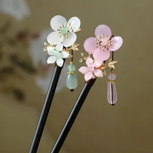 Chinese style flower wooden hairpin retro Hanfu hair fork tassel elegant accessory