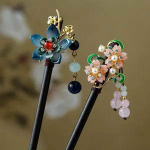 Chinese style wooden hairpin retro floral tassel hair fork elegant Hanfu hair accessories 1pc
