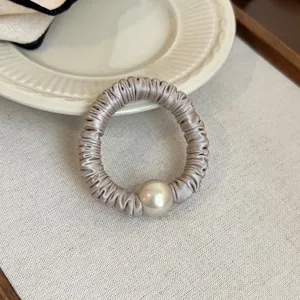 Elegant Satin Ruched Scrunchies For Women High Elastic Ponytail Hair Ties With Large Artificial Pearl Sweet Hair Elastics Accessories