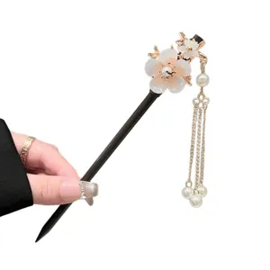 Chinese style wooden hair stick with elegant flower pendant and pearl tassels for Hanfu