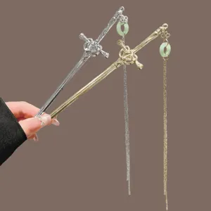 Vintage Chinese Style Alloy Sword Hair Stick With Tassel Faux Jade Pendant Ancient Sword Hairpin For Women Styling Decoration Jewelry