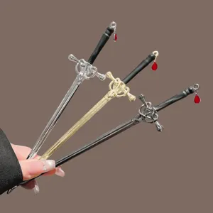 New Chinese style metal sword hairpins set, retro hair sticks with red teardrop pendant.