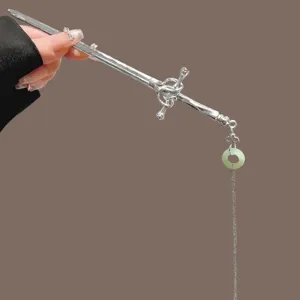 Chinese Ancient Style Silver Sword Hair Stick with Jade Ring Pendant for Women Bun Pin