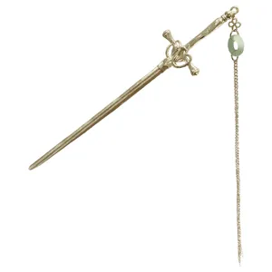 Chinese vintage sword hair stick with jade ring and metal tassel chain for elegant updo hairstyles