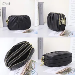 Black genuine leather women multi zipper crossbody bag soft pleated shoulder bag detail
