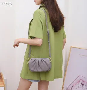 Genuine leather women crossbody bag soft pleated shoulder bag casual daily use stylish purse grey