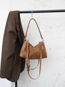 Brown suede shoulder bag minimalist casual handbag versatile daily commuter tote bag chic style