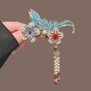 Chinesischer Vintage Haarklammer mit blauer Emaile Perlen und Quasten für Hanfu Kleidung