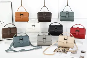 Detailed view of leather crossbody bags in multiple colors with metallic clasps and strap.