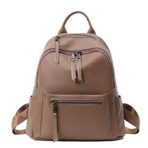 Women genuine leather backpack large capacity casual travel bookbag brown stylish daypack