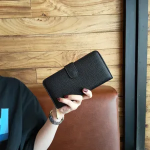 Women long bifold wallet genuine leather black pebbled clutch bag minimalist card holder