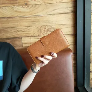 Women's long leather wallet brown minimalist card holder casual daily clutch purse elegant accessory