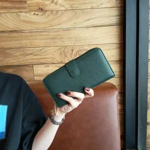 Details of green leather women long wallet, multifunctional bi-fold purse clutch showcase.