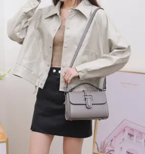 Genuine leather flap crossbody bag, grey top-handle handbag, elegant simple commuting style.