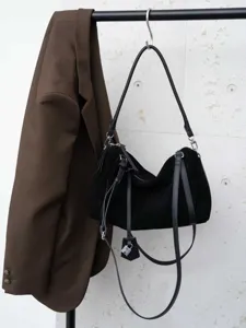 Black suede shoulder bag for women, large capacity casual slouchy tote with padlock detail.