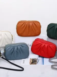 Women Genuine Leather Crossbody Bag Soft Pleated Multi Zipper Casual Shoulder Handbag