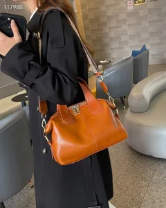 Women fashion genuine leather boston handbag brown stylish casual shoulder crossbody bag