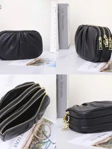 Genuine leather women's small crossbody bag, pleated soft leather multi-zipper shoulder bag.