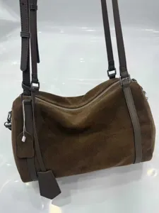 Brown suede barrel shoulder bag, large capacity minimalist retro casual handbag for women.