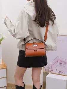 Genuine leather small square handbag flap crossbody bag chic versatile minimalist commuting women bag