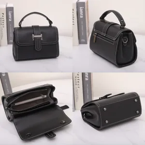 Black genuine leather top handle handbag, minimalist flap crossbody bag for women daily commute.