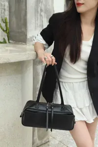Minimalist genuine leather bowling bag shoulder handbag for women daily chic casual use