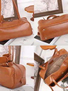 Minimalist vegetable tanned leather Boston bag multi angle display for women fashion daily use.