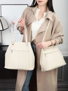 Genuine leather tote bag for women, large capacity vintage shoulder bag in off-white.
