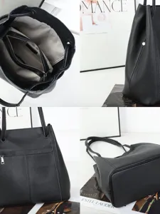Black Genuine Leather Bucket Bag Large Capacity Tote Shoulder Crossbody Bag For Women
